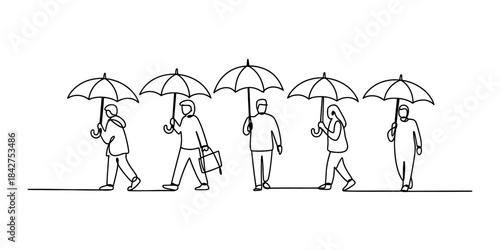 A group of people walking with umbrellas in a continuous line drawing Vector, illustration