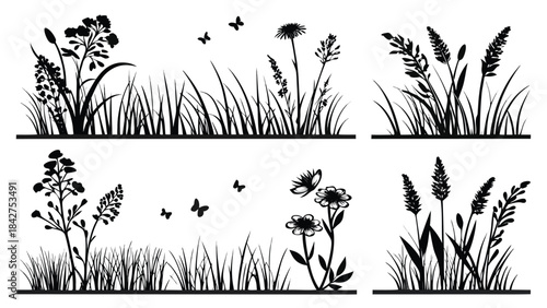 Vector illustration black silhouette of various grass and flowers on with butterflies flying