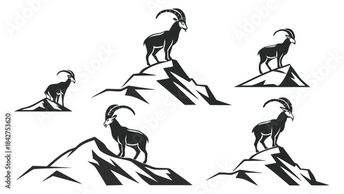 Vector illustration black and white illustration of five mountain goats on rocky peaks