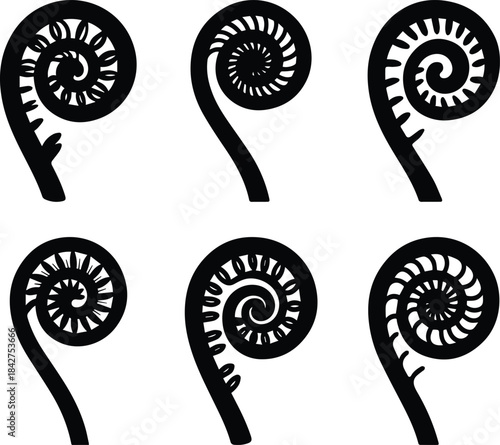 Set of Minimalist black fiddlehead fern vegetable silhouette vector icon