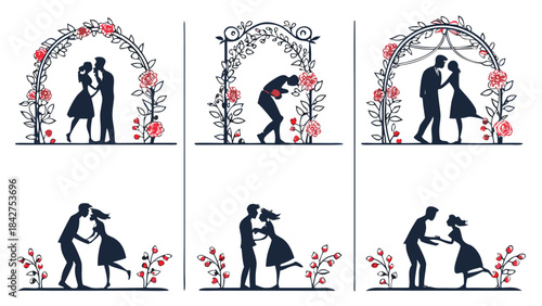 Vector illustration collection of romantic couple silhouettes in various poses with flowers and archways