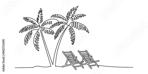 Continuous one line drawing of two palm trees and sun loungers on a sandy beach Vector, illustration