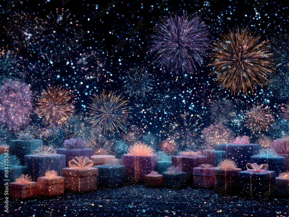 Fototapeta premium Fireworks display above colorful gift boxes during New Year night celebration at a festive event