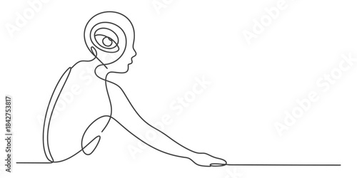 Single continuous line drawing of a person sitting and meditating, featuring an abstract eye design Vector, illustration