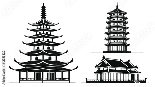 Vector illustration black and white illustration of traditional asian pagoda buildings