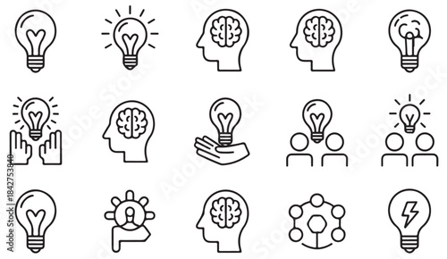 Collection of light bulb and brain icons expressing imagination, intelligence, and conceptual solutions