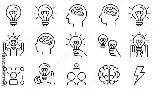 Modern outline symbols for inspiration, problem solving, insight, knowledge, and creative energy