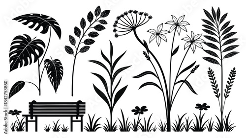 Vector illustration black and white illustration of a park bench surrounded by various plants and flowers