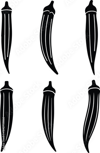 Set of Minimalist black okra ladys finger vegetable pod silhouette vector icon