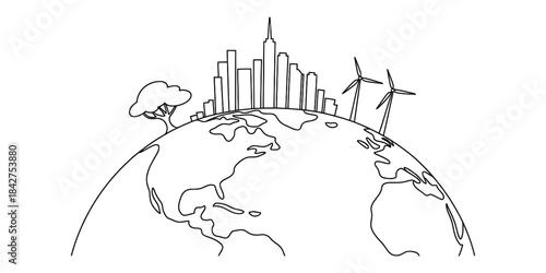 A city skyline, a tree, and wind turbines on earth representing sustainable development Vector, illustration