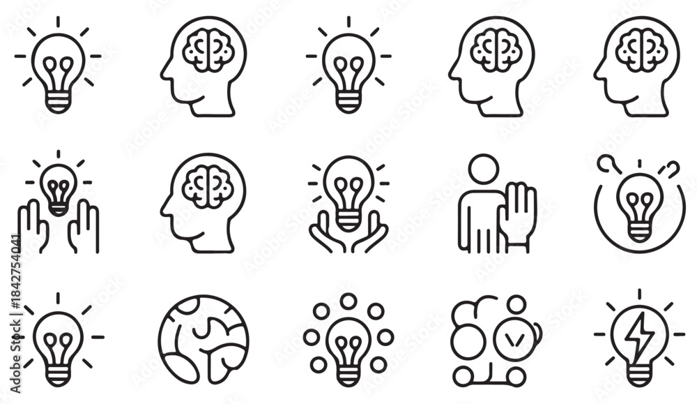 Fototapeta premium Clean outline icon set illustrating brainstorming, intelligence, imagination, and conceptual thinking