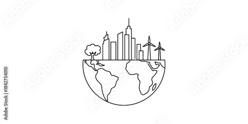 A single line drawing illustration of a sustainable city on the earth with renewable energy sources Vector, illustration