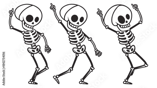 Vector illustration three dancing skeletons in a row with their arms raised in a joyful dance