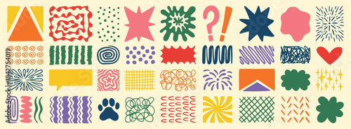 Retro shapes elements set. Abstract paw, star, flower, shapes and stickers. Groovy funky bubble, star, print, lines, waves. Trendy retro 60s, 70s or 90s cartoon colorful style. 