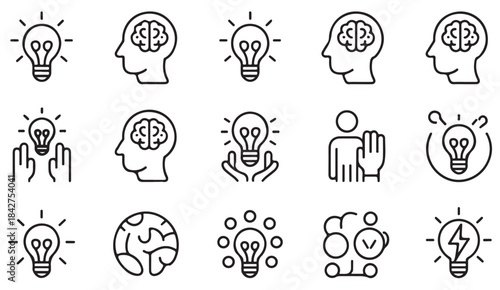 Clean outline icon set illustrating brainstorming, intelligence, imagination, and conceptual thinking