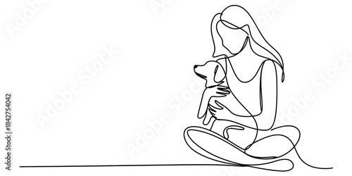 Continuous line art illustration of a woman hugging her small dog, depicting a close bond Vector, illustration