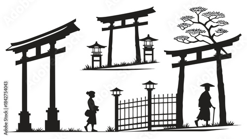 Vector illustration black and white illustration of japanese torii gates and traditional architecture with people