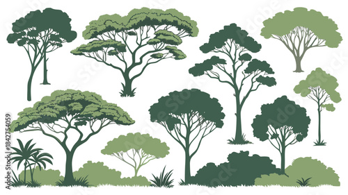 Vector illustration collection of various trees and plants in different shades of green