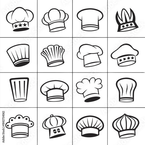 Vector illustration collection of various chef hats and caps in different styles and designs