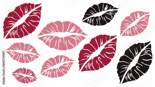 Vector illustration collection of colorful pink, red, and black lipstick kiss marks