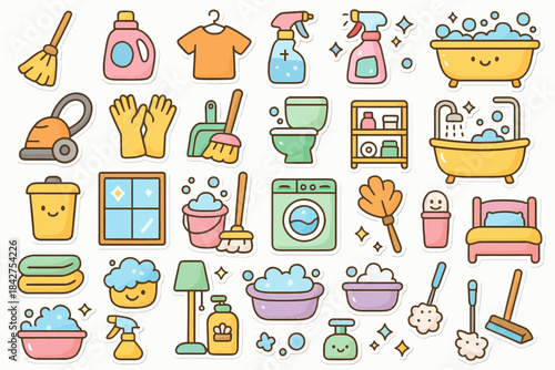 Colorful cartoon cleaning icons: vacuum, mop, detergent, bathtub, washing machine
