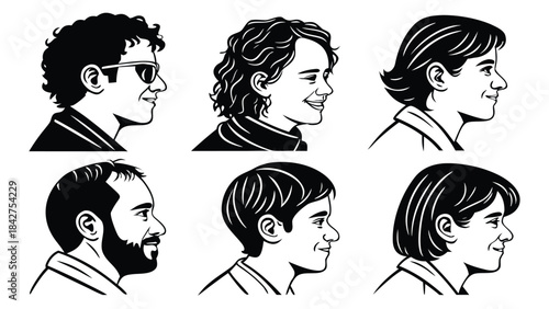 Vector illustration six diverse people headshots in profile view in black and white on