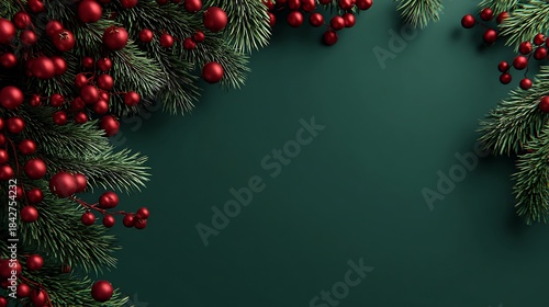 Christmas festive background with evergreen branches and red berries on a dark green surface