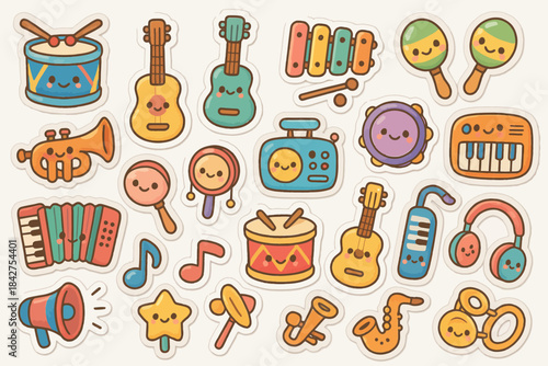 Colorful kawaii musical instruments collection with smiling faces