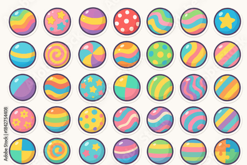 Colorful patterned spheres in grid layout with vibrant designs