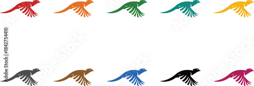 Flying bird silhouettes in multiple colors, Multicolor bird icons soaring animal design