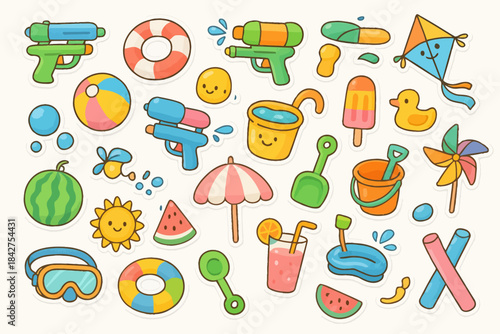 Colorful summer fun icons with water guns, beach toys, and refreshing treats