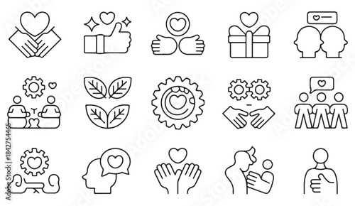 Clean outline icon set depicting emotional care, support networks, human connection, and community values