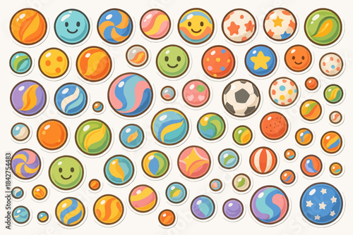 Colorful assorted patterned spheres and smiley faces in various sizes