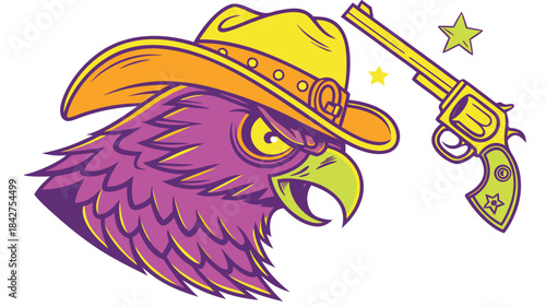 Vector illustration vibrant cartoon eagle head wearing cowboy hat and holding revolver