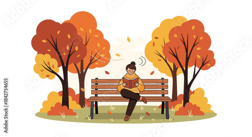 Autumn scene of a person relaxing on a park bench reading a book surrounded by colorful fall foliage and trees