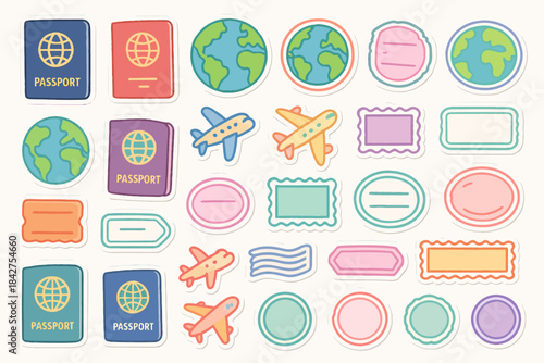 Colorful travel stickers with passports, planes, and globes