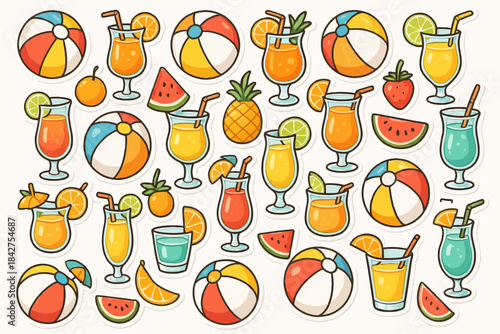 Colorful summer stickers: beach balls, tropical drinks, and fruits for a fun vibe