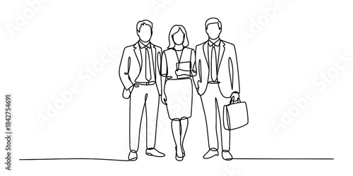 Continuous line art drawing of a professional business team of three standing together Vector, illustration