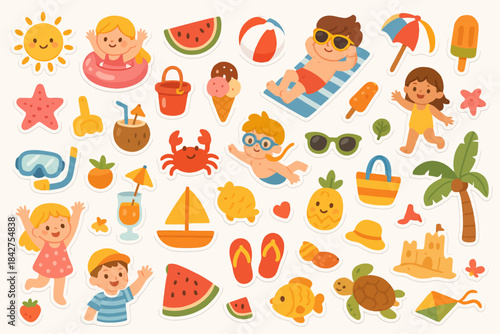 Playful summer stickers: kids enjoying beach and sunshine fun