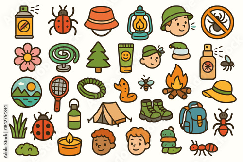 Colorful camping doodles with outdoor gear and nature elements