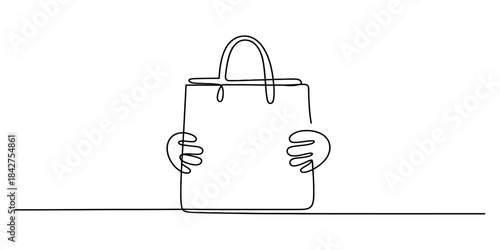 Continuous line art abstract drawing of a paper shopping bag held by small cartoon hands Vector, illustration