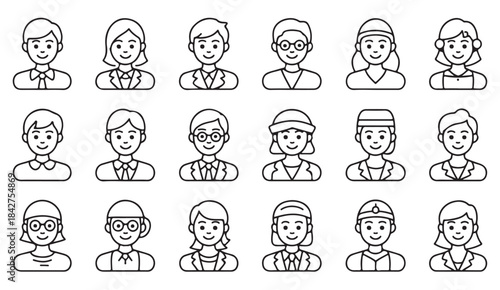 Collection of outline portraits of diverse workers representing multiple careers and job categories