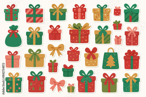 Colorful christmas gift boxes and festive decorations in red and green