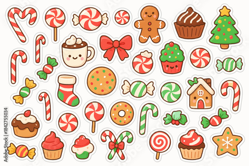 Colorful festive holiday cookies and candies on white background