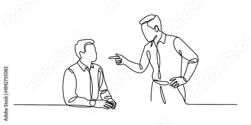 A continuous line drawing of two men in confrontation, symbolizing workplace conflict Vector, illustration