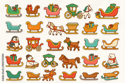 Colorful cartoon sled and carriage collection with animals and holiday themes