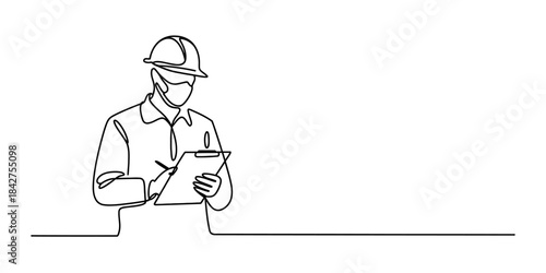 Continuous line drawing of an engineer or construction worker with hard hat and face mask writing on a clipboard Vector, illustration
