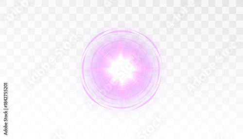 A vibrant purple explosion of light with rays and a glowing stream of particles. A dynamic starburst. Vector light effect on a white background.