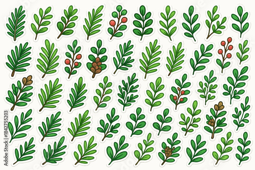 Collection of colorful herb stickers featuring various leaf designs and berries