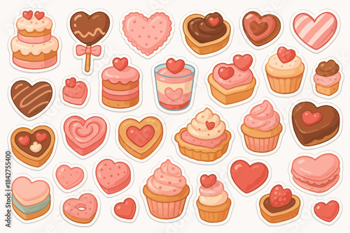 Assorted heart-shaped desserts and pastries in pink and brown colors